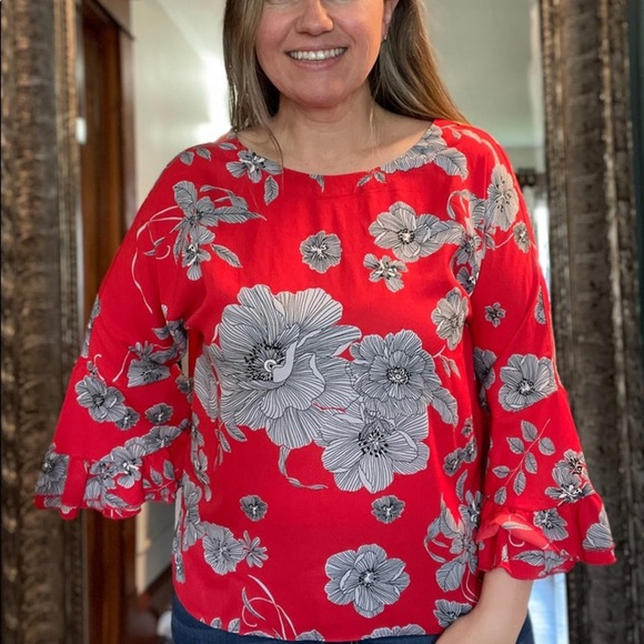 Keren hart Red Bell Sleeve Floral Top, Size XL - Picture 1 of 12